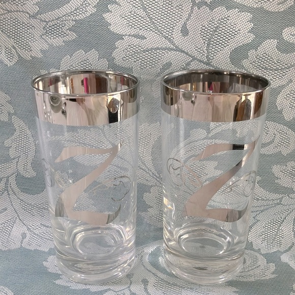 VINTAGE MONOGRAM Z SILVER RIM SCROLLS WEIGHTED QUEENS LUSTERWARE HIGHBALL SET 2 - Picture 3 of 9